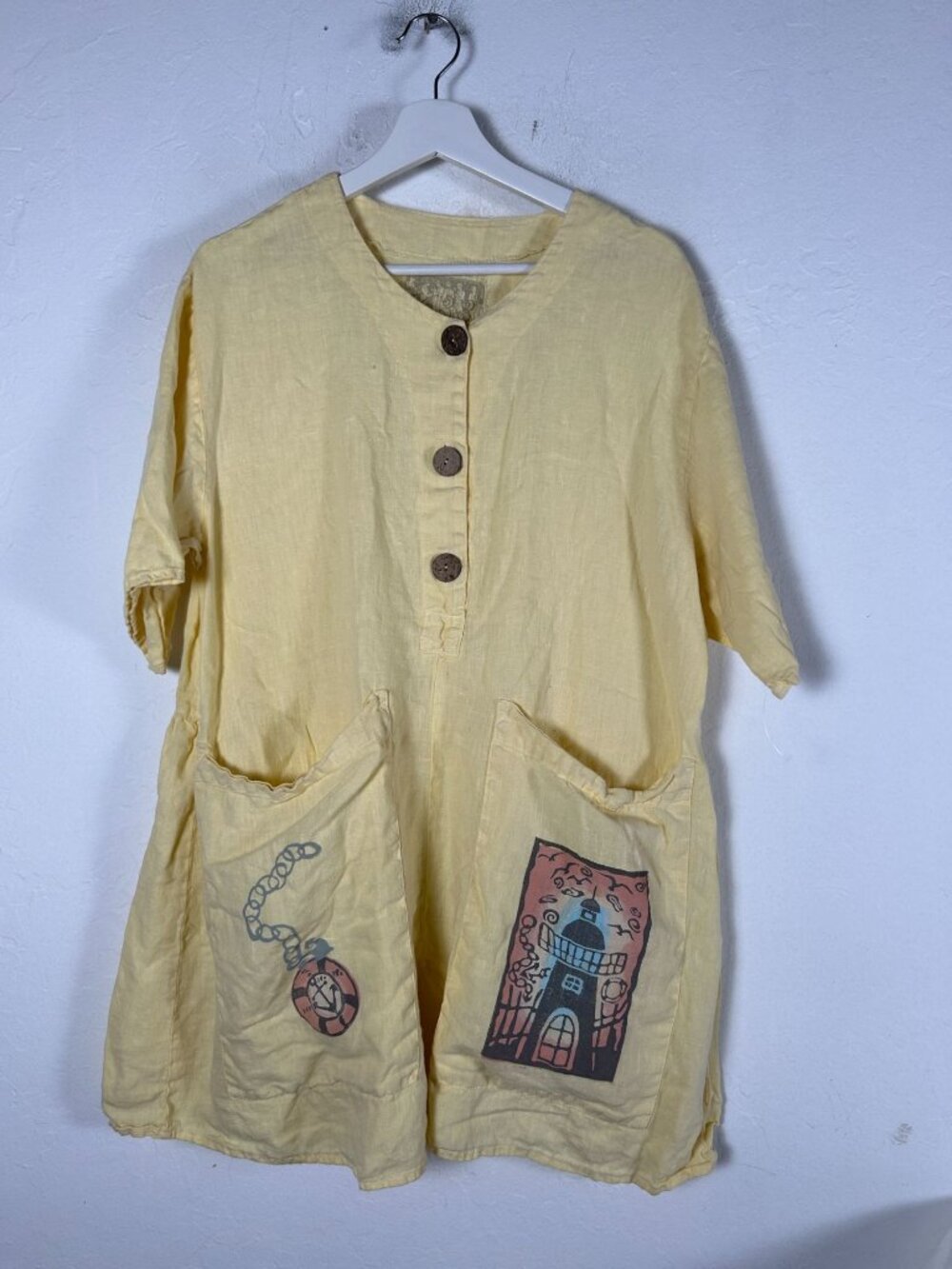 1633 Womens Yellow Henley Button Tunic Top Large Short Sleeve Boho Artsy Pockets